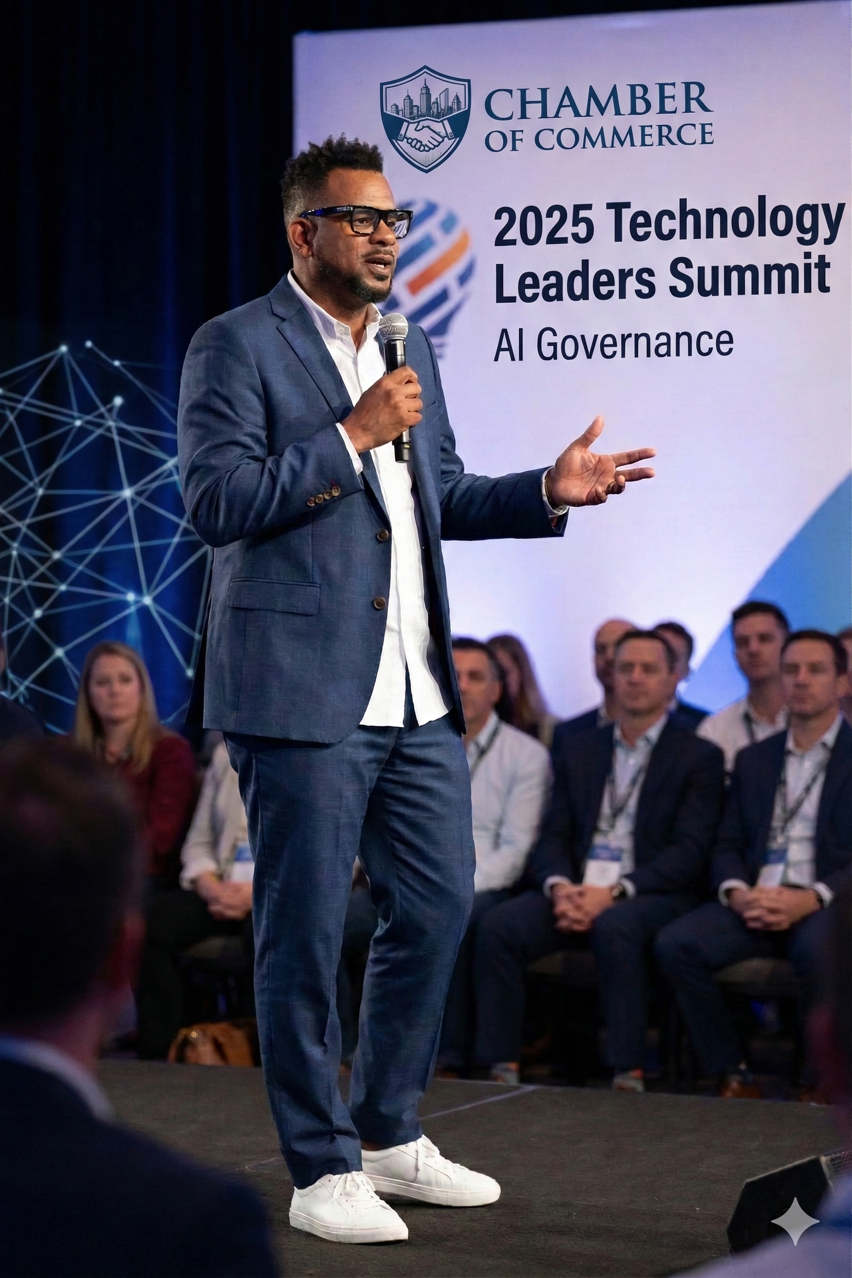 Michael Bowers speaking at a business summit